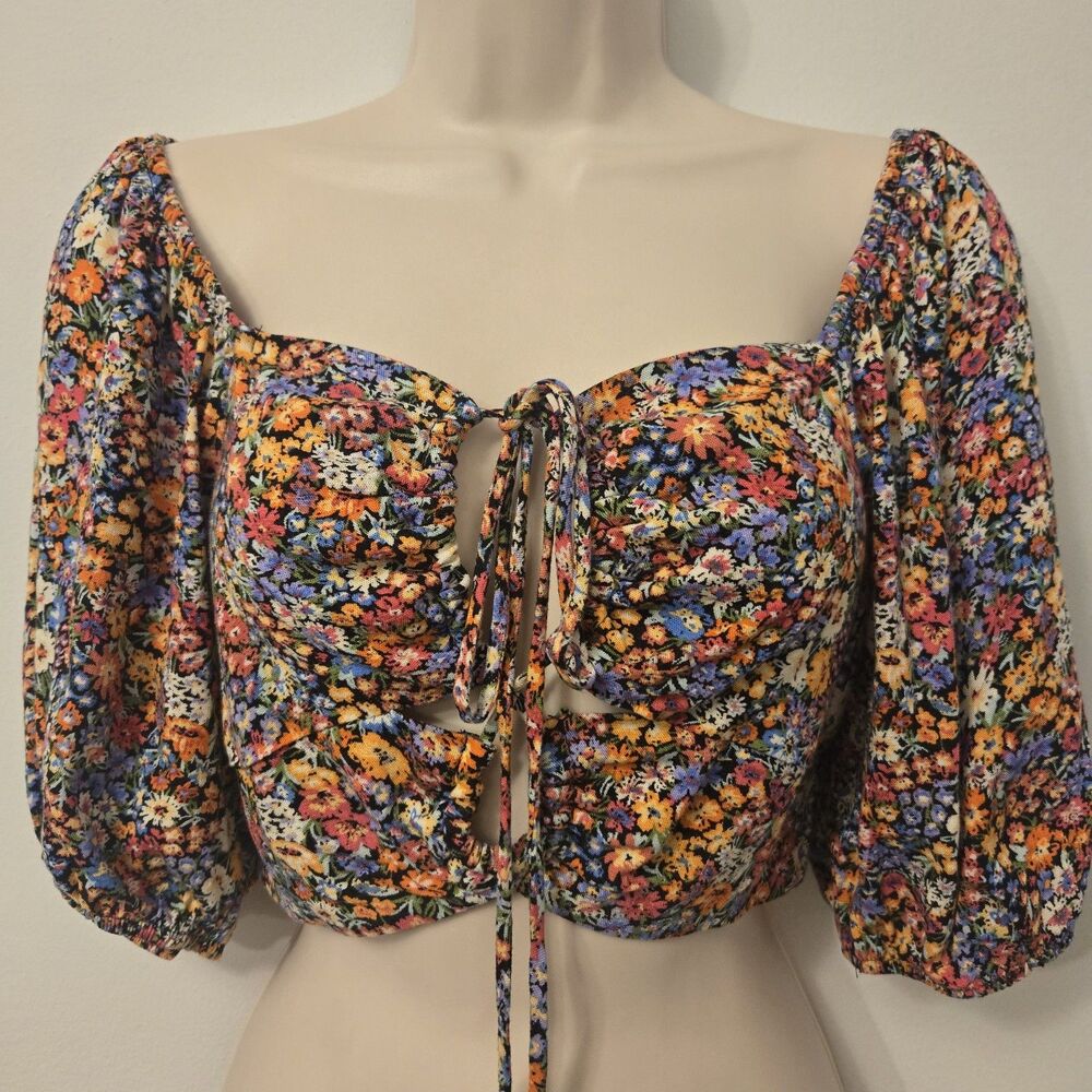 Vtg Y2K Floral Smocked Milkmaid Babydoll Crop Top Lace Up Puff Long Sleeve Sz XS